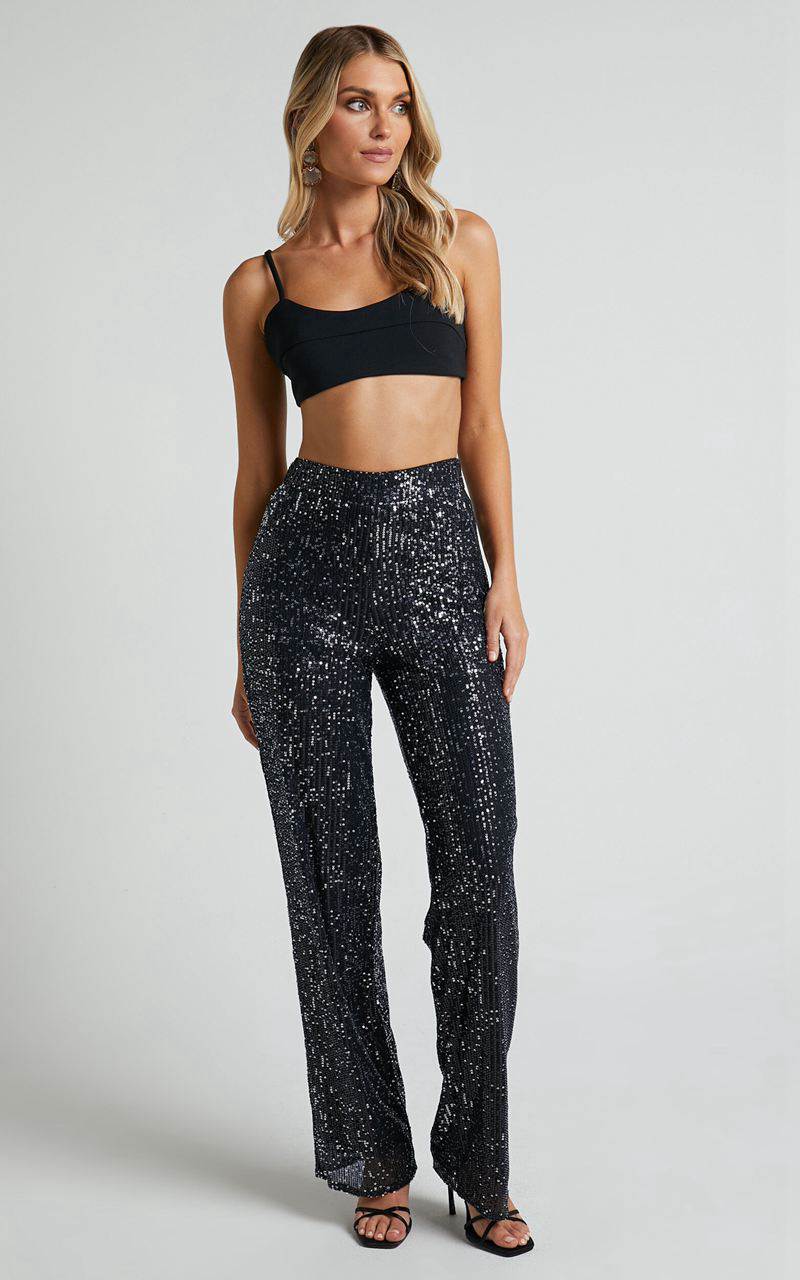 Showpo Izzie Pant - Sequin High Waisted Straight Leg Pant Black | UPTDCJ197