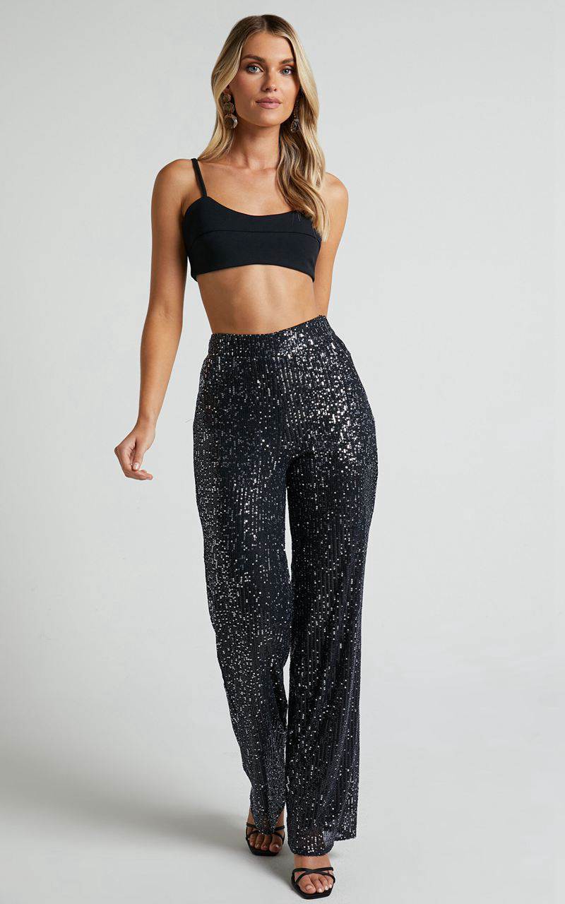 Showpo Izzie Pant - Sequin High Waisted Straight Leg Pant Black | UPTDCJ197