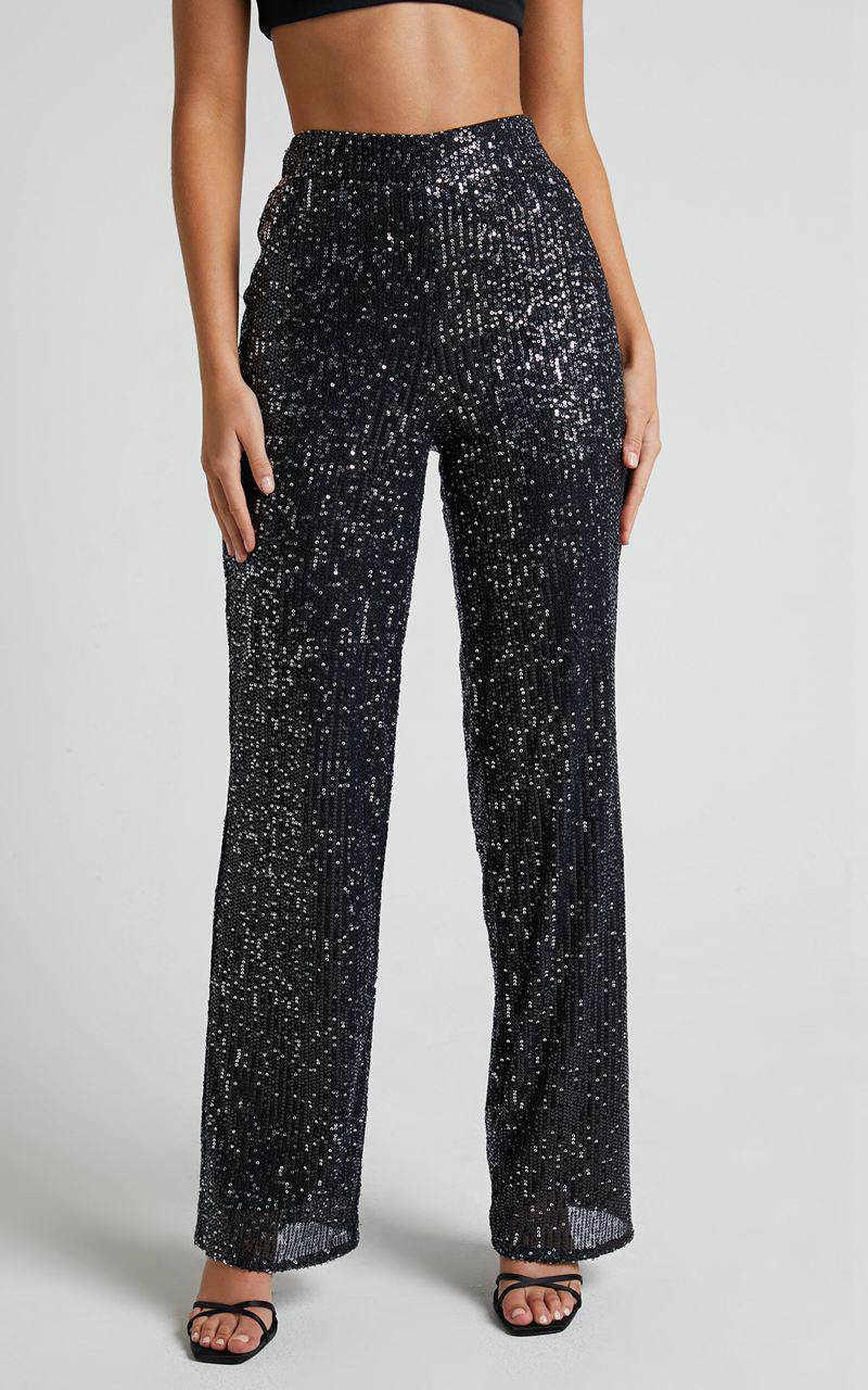 Showpo Izzie Pant - Sequin High Waisted Straight Leg Pant Black | UPTDCJ197