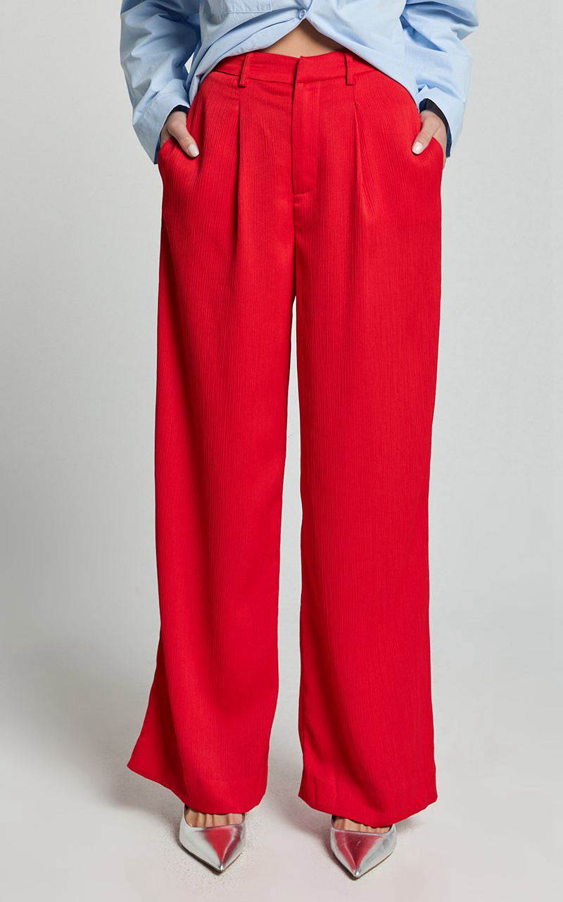 Showpo Jacie Pants - High Waisted Relaxed Textured Pants Red | HSXCKE834