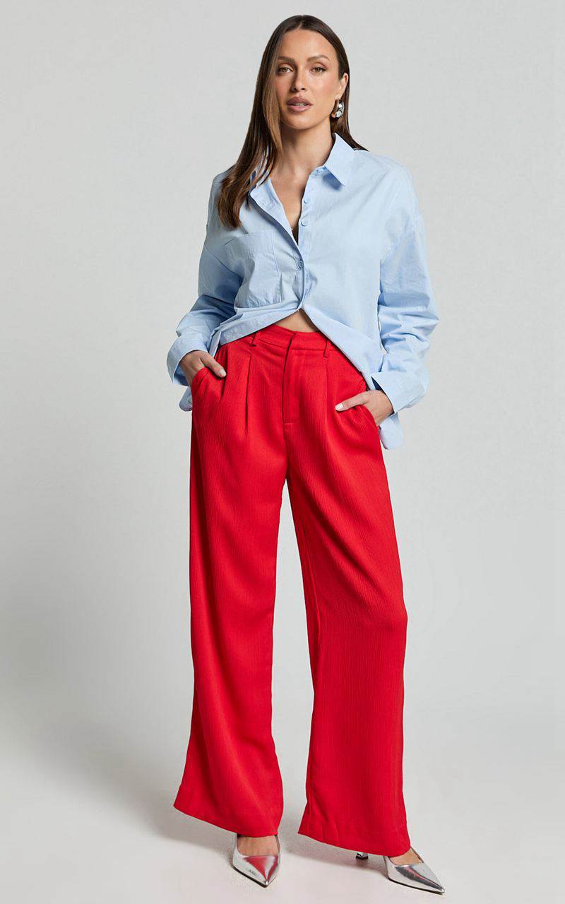 Showpo Jacie Pants - High Waisted Relaxed Textured Pants Red | HSXCKE834