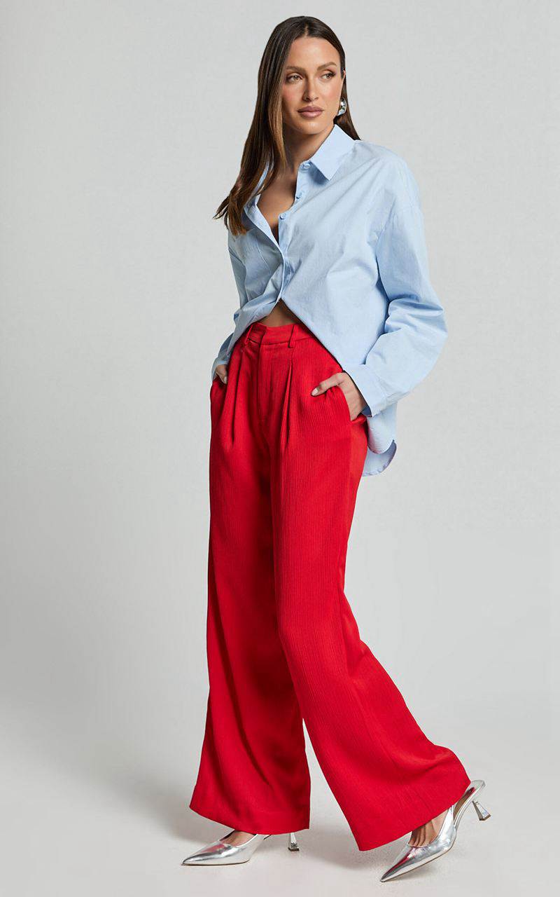 Showpo Jacie Pants - High Waisted Relaxed Textured Pants Red | HSXCKE834