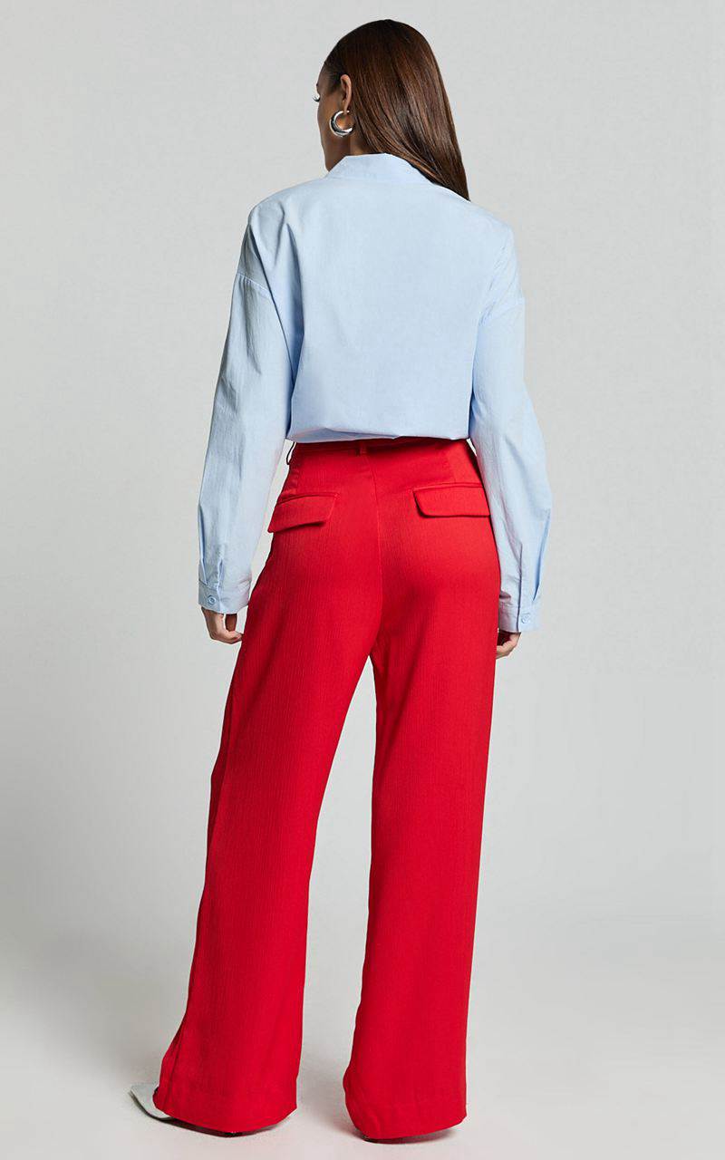 Showpo Jacie Pants - High Waisted Relaxed Textured Pants Red | HSXCKE834