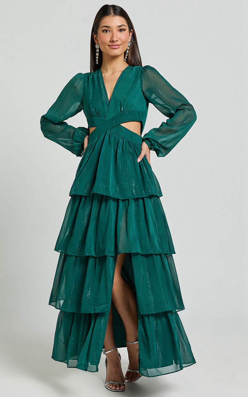 Showpo Jacinda Maxi Dress - Cut Out Long Sleeve Thigh Split Tiered Dress Emerald | IMPTKB240