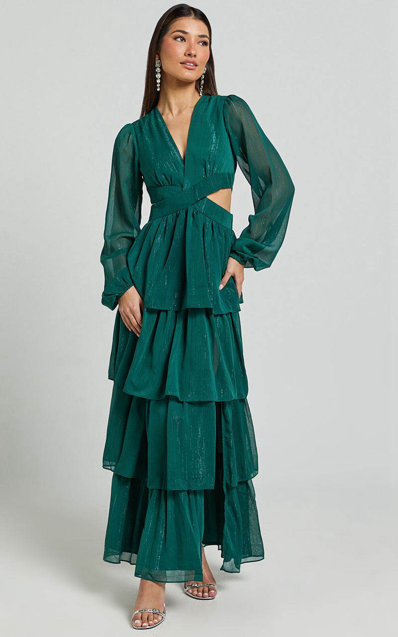 Showpo Jacinda Maxi Dress - Cut Out Long Sleeve Thigh Split Tiered Dress Emerald | IMPTKB240