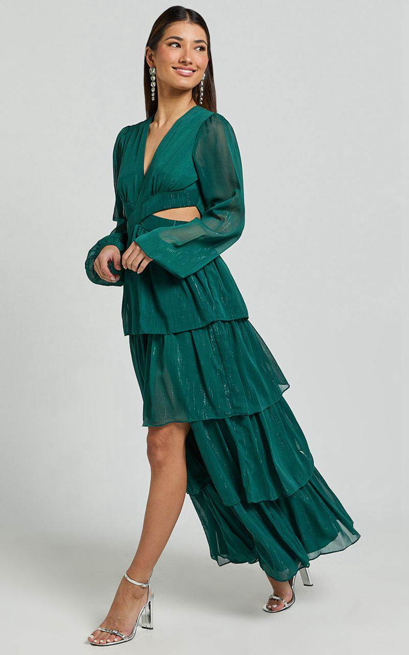 Showpo Jacinda Maxi Dress - Cut Out Long Sleeve Thigh Split Tiered Dress Emerald | IMPTKB240