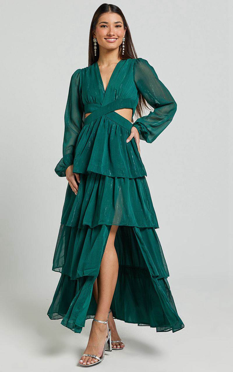 Showpo Jacinda Maxi Dress - Cut Out Long Sleeve Thigh Split Tiered Dress Emerald | IMPTKB240