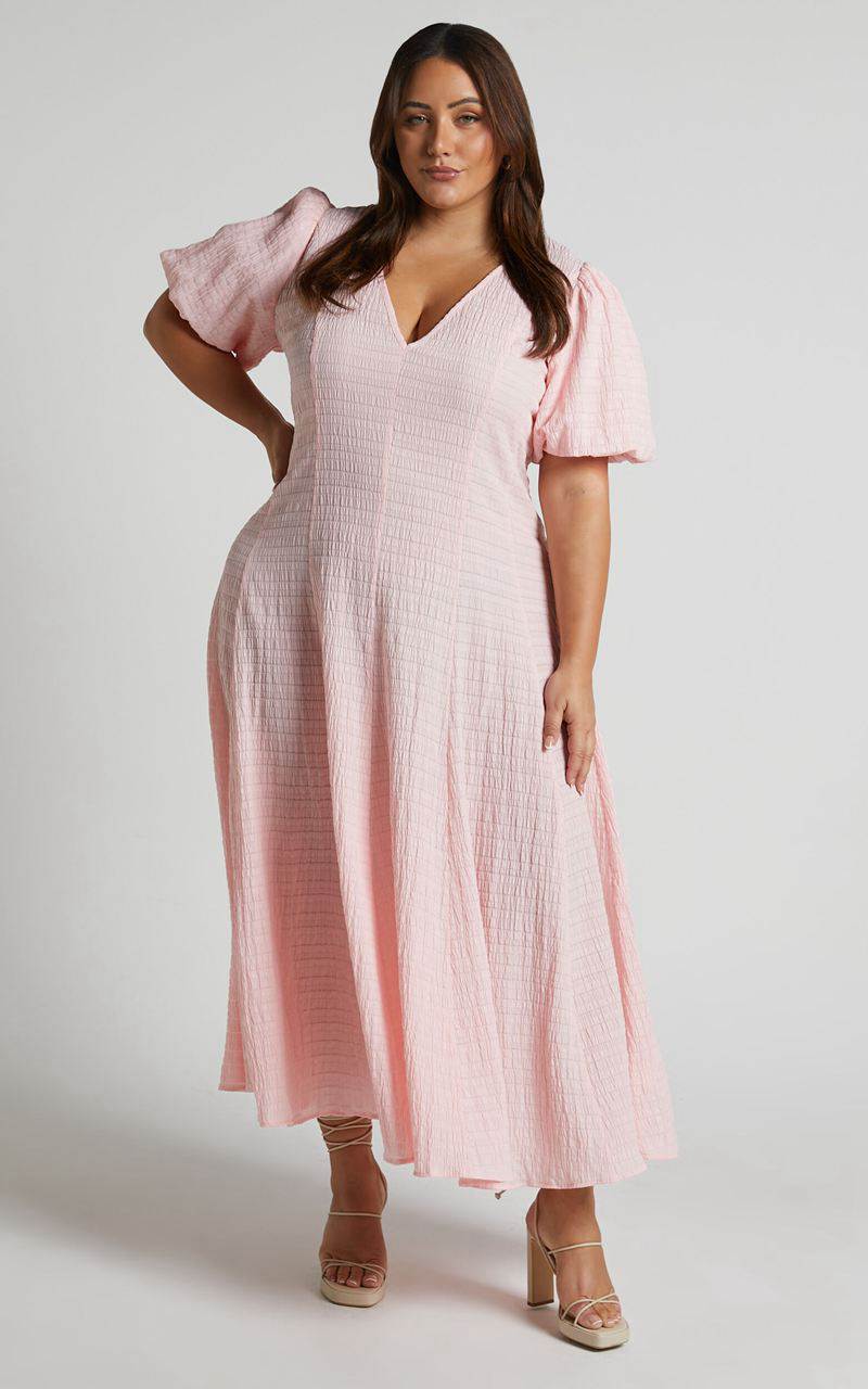 Showpo Jackelyn Midi Dress - Puff Sleeve V Neck Dress Pink | XFETRW531