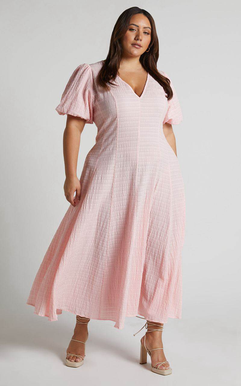 Showpo Jackelyn Midi Dress - Puff Sleeve V Neck Dress Pink | XFETRW531