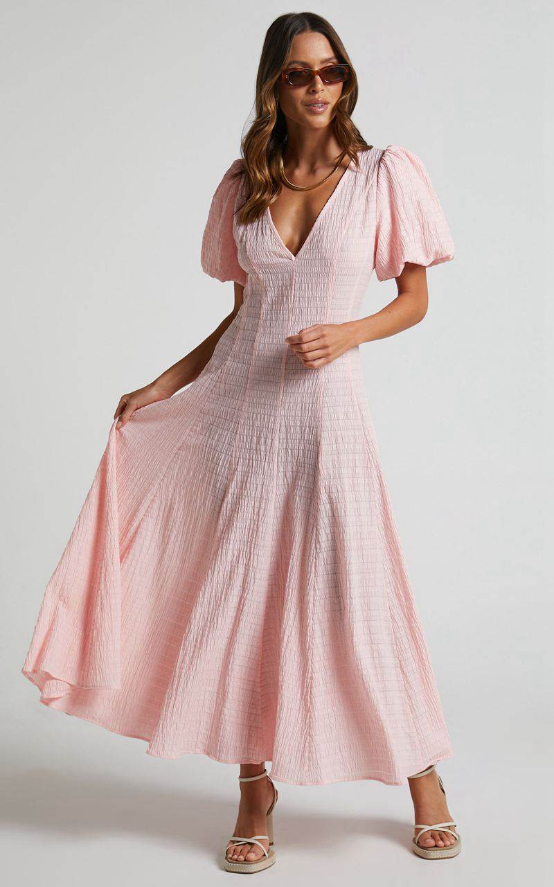 Showpo Jackelyn Midi Dress - Puff Sleeve V Neck Dress Pink | XFETRW531