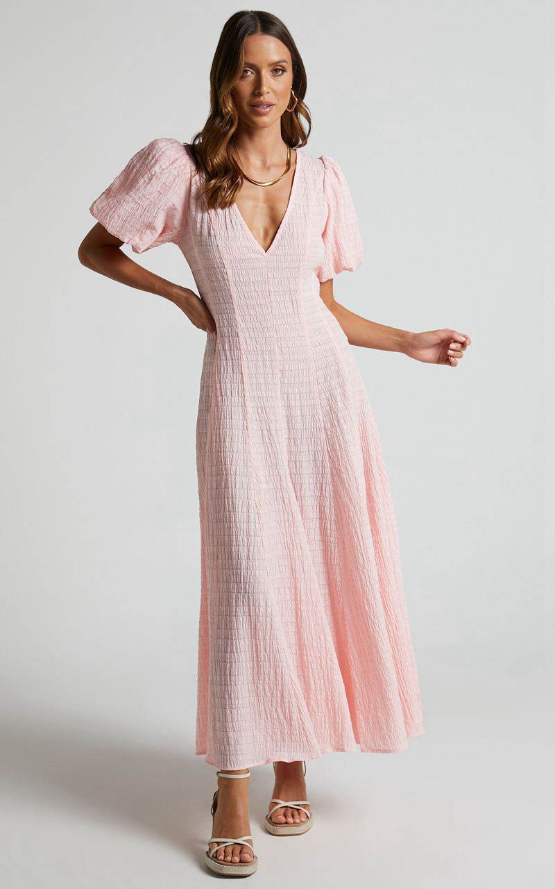 Showpo Jackelyn Midi Dress - Puff Sleeve V Neck Dress Pink | XFETRW531