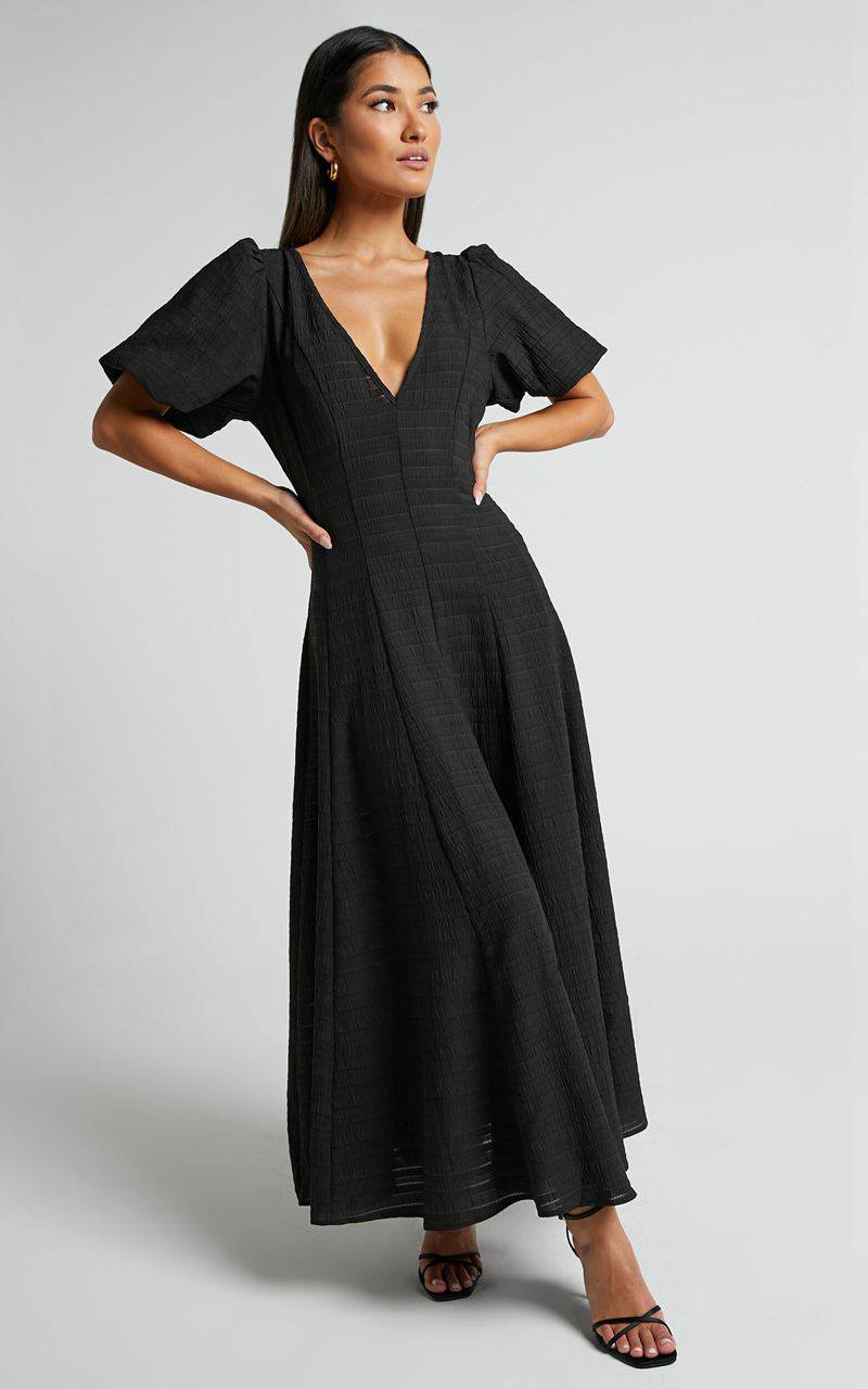 Showpo Jackelyn Midi Dress - Puff Sleeve V Neck Dress Black | DPFKBM402