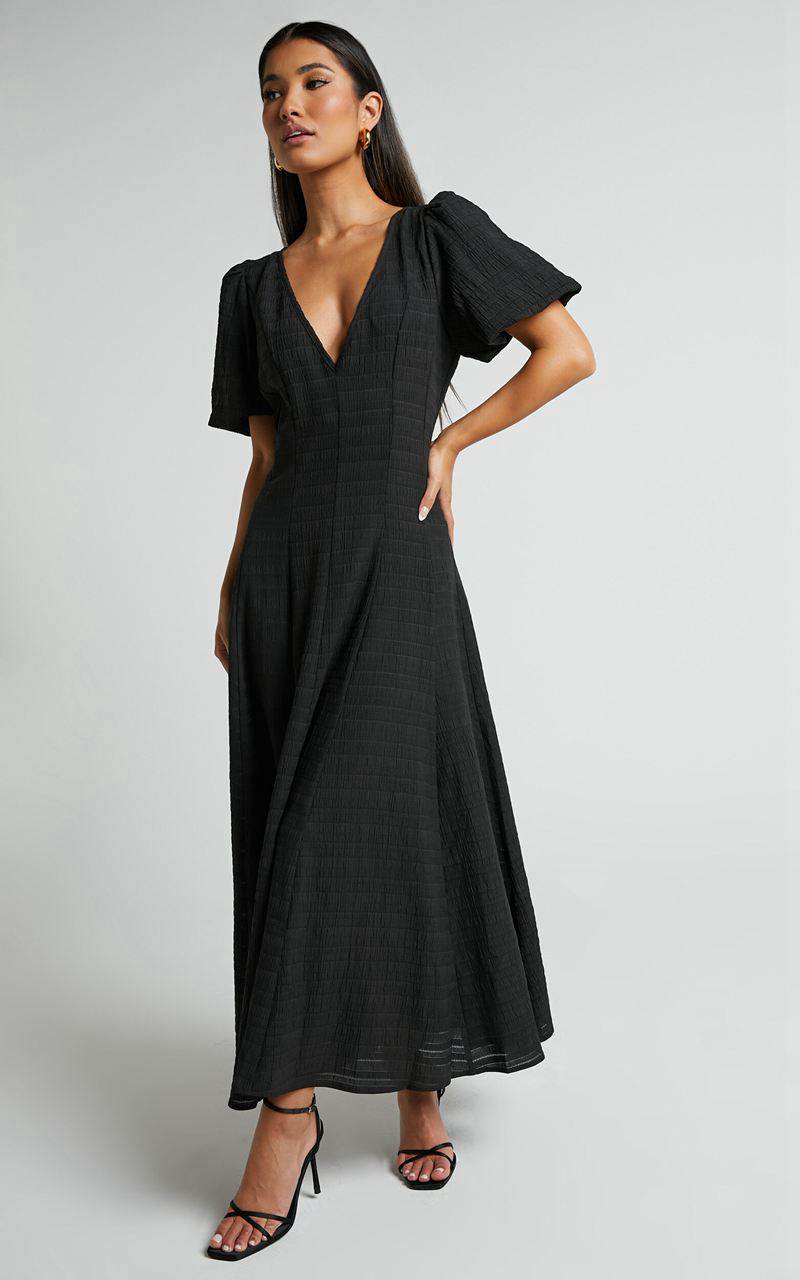 Showpo Jackelyn Midi Dress - Puff Sleeve V Neck Dress Black | DPFKBM402