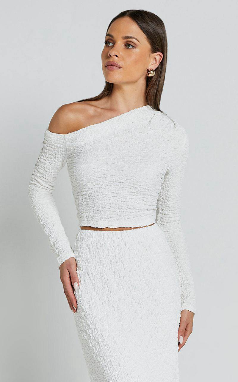 Showpo Jackie Top - One Shoulder Long Sleeve Crop Top White | AKNZJM216