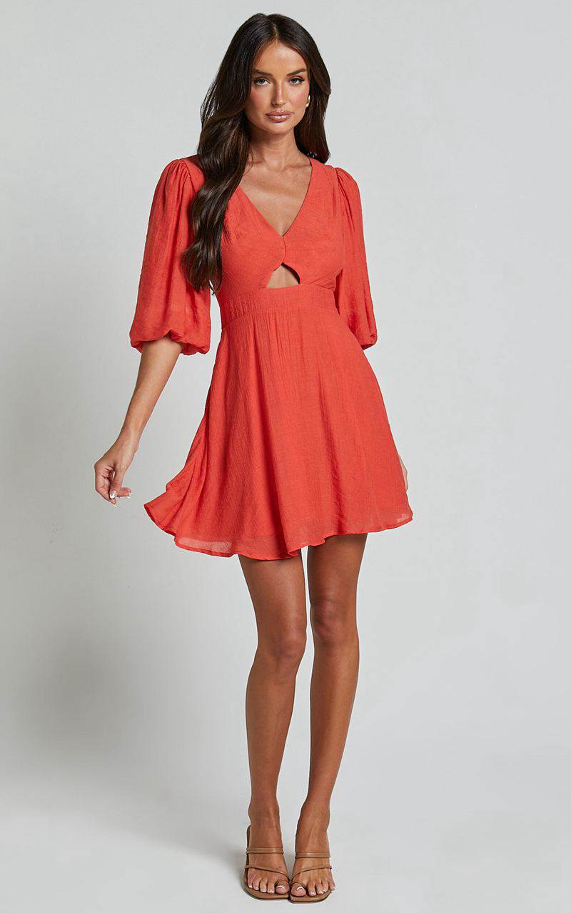 Showpo Jackielyn Mini Dress - Front Cut Out V Neck Puff Sleeve A Line Dress Papaya | HFQGDB247