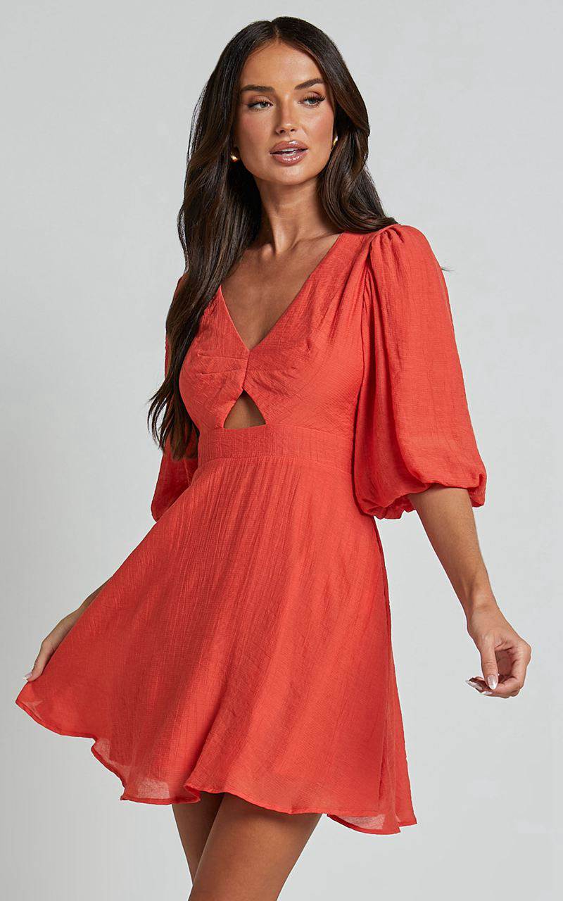 Showpo Jackielyn Mini Dress - Front Cut Out V Neck Puff Sleeve A Line Dress Papaya | HFQGDB247