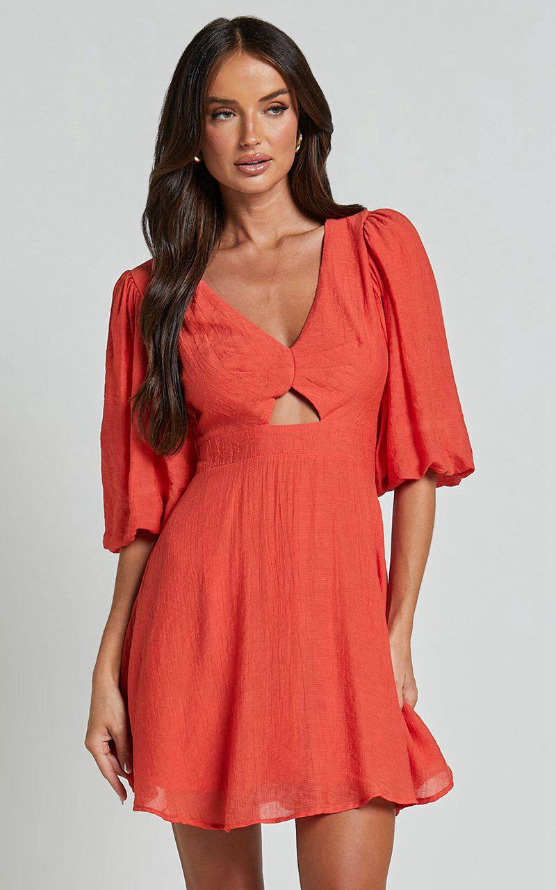 Showpo Jackielyn Mini Dress - Front Cut Out V Neck Puff Sleeve A Line Dress Papaya | HFQGDB247