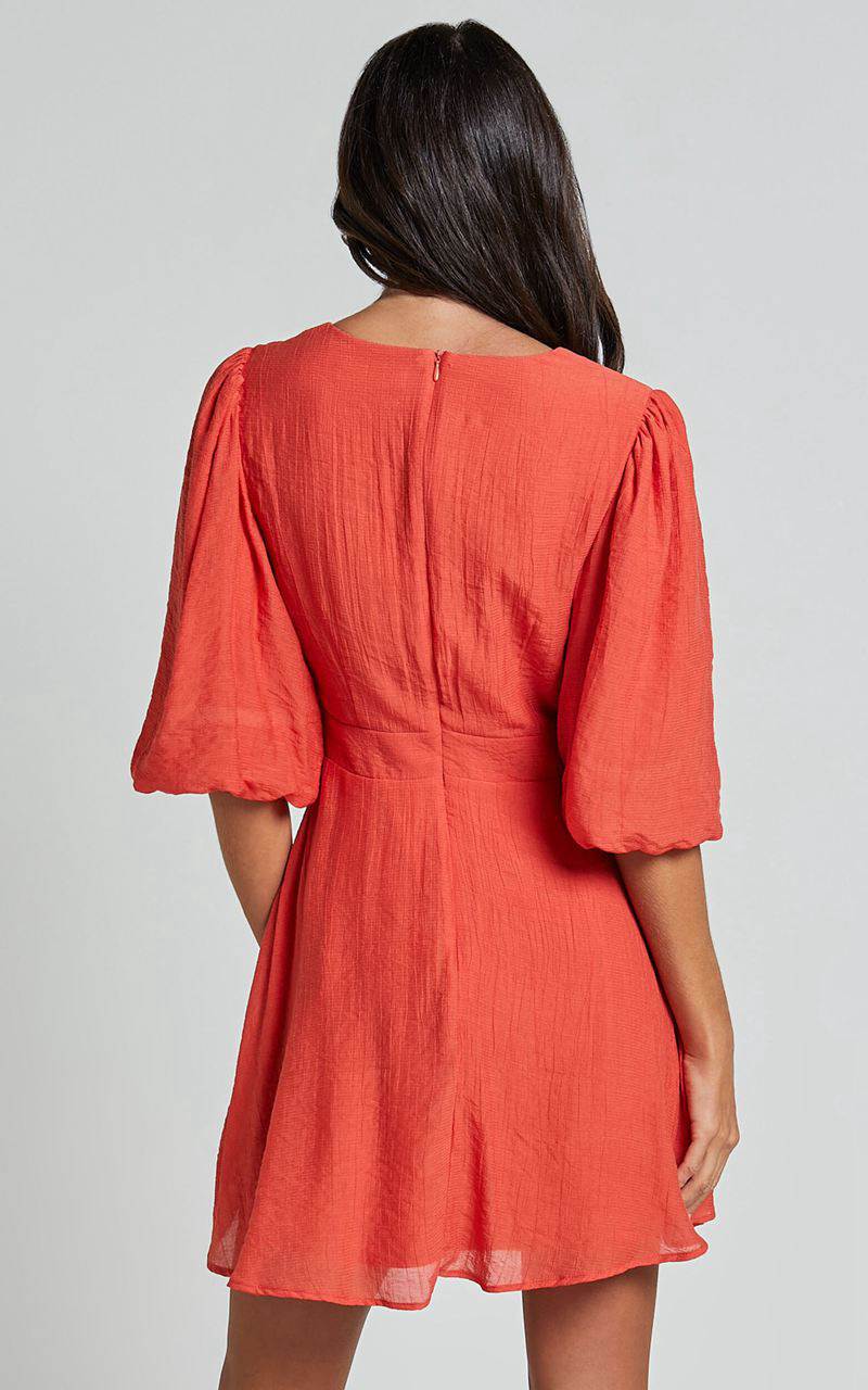 Showpo Jackielyn Mini Dress - Front Cut Out V Neck Puff Sleeve A Line Dress Papaya | HFQGDB247