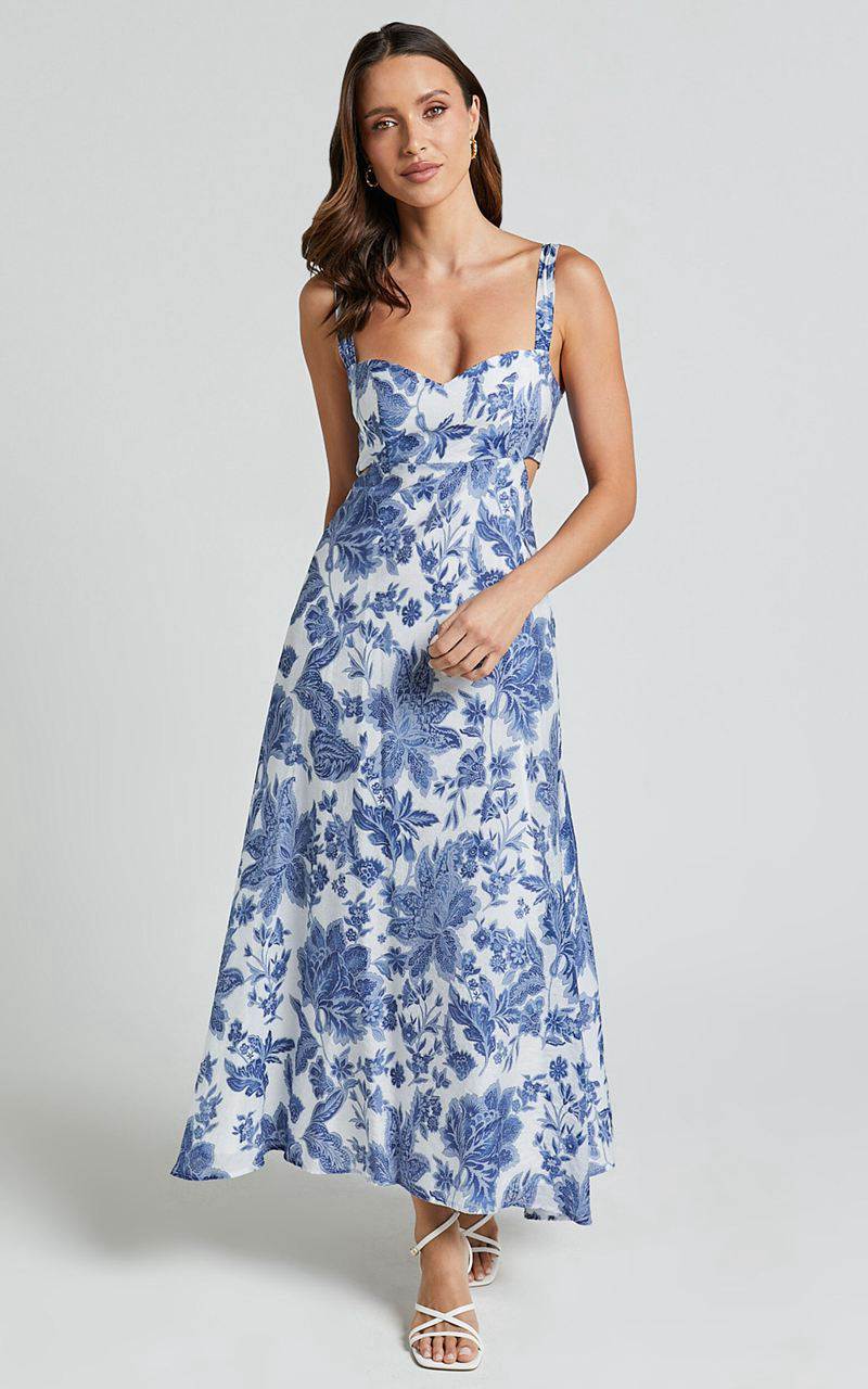 Showpo Jackleyn Midi Dress - Sweetheart A Line Dress Blue Floral | PAFGRQ437