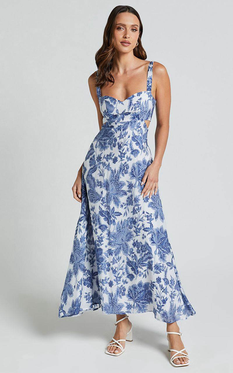 Showpo Jackleyn Midi Dress - Sweetheart A Line Dress Blue Floral | PAFGRQ437