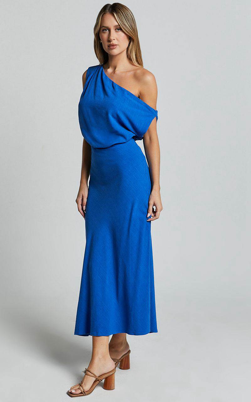 Showpo Jacqueline Midi Dress - Linen Look One Shoulder Dress Cobalt | YOFPDS926