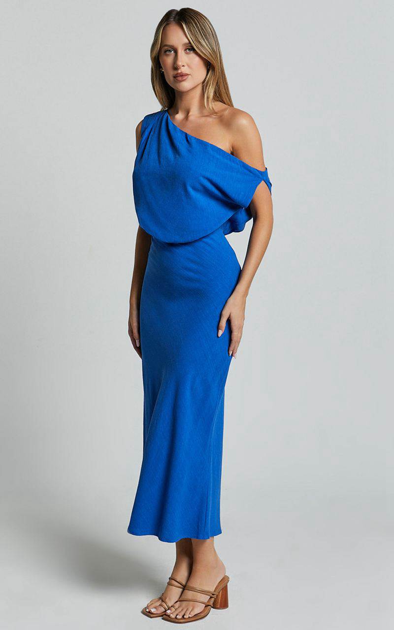 Showpo Jacqueline Midi Dress - Linen Look One Shoulder Dress Cobalt | YOFPDS926