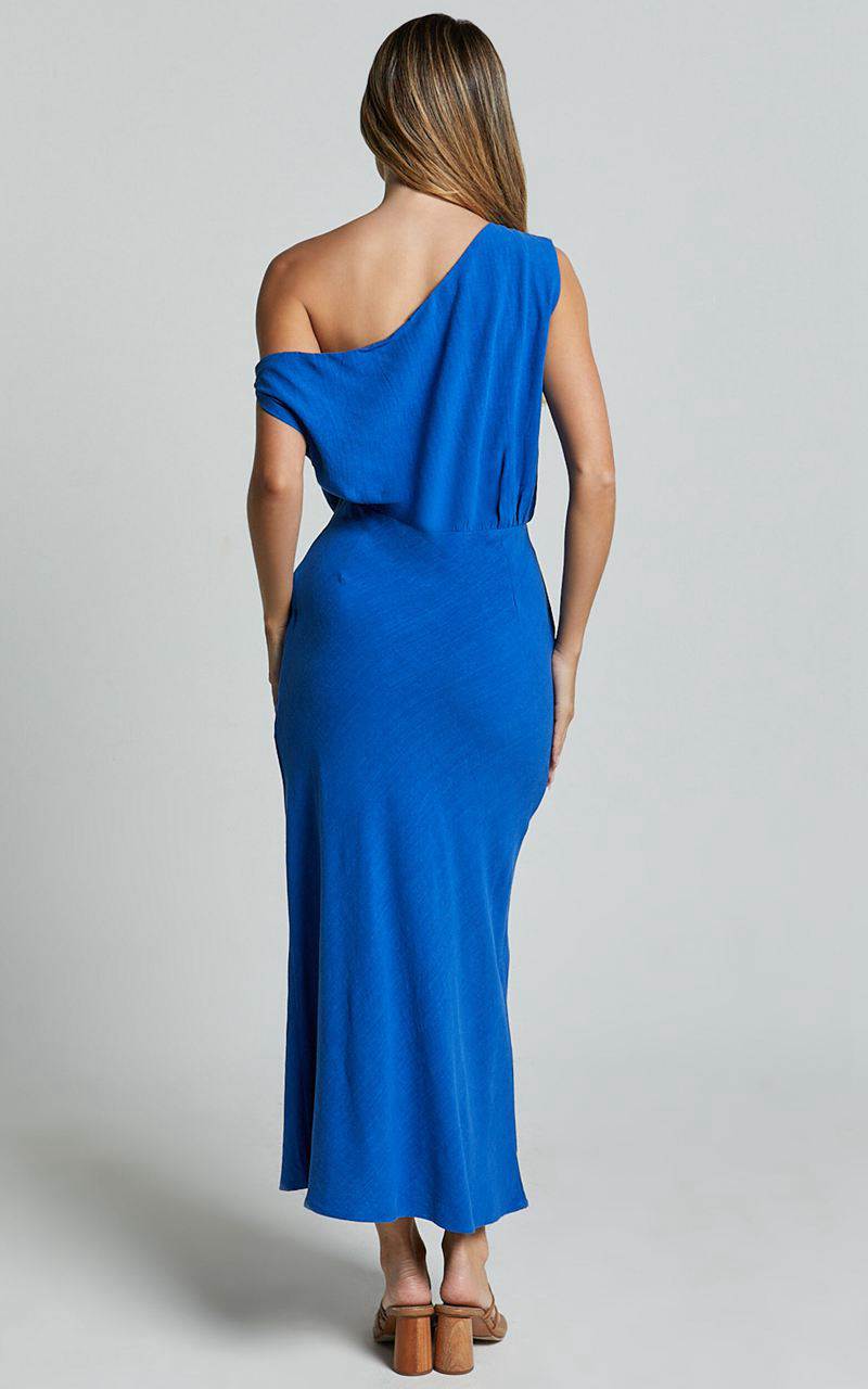 Showpo Jacqueline Midi Dress - Linen Look One Shoulder Dress Cobalt | YOFPDS926