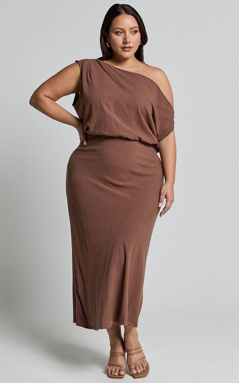 Showpo Jacqueline Midi Dress - Linen Look One Shoulder Dress Chocolate | RCLTNP906