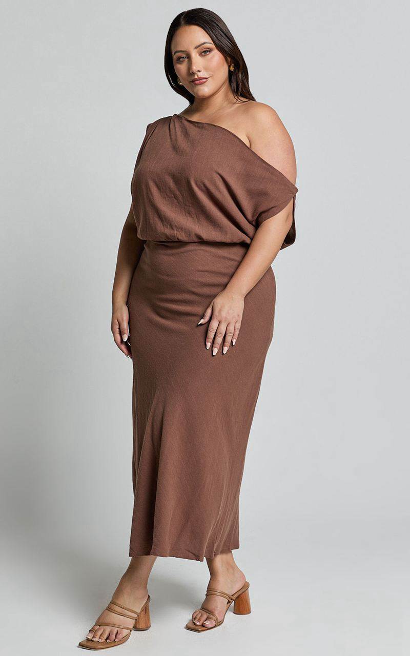 Showpo Jacqueline Midi Dress - Linen Look One Shoulder Dress Chocolate | RCLTNP906