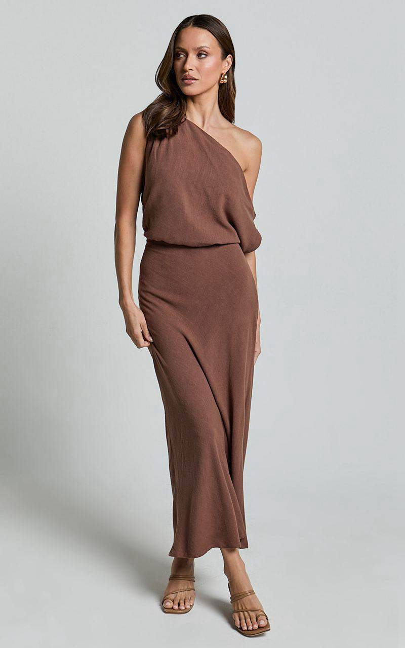 Showpo Jacqueline Midi Dress - Linen Look One Shoulder Dress Chocolate | RCLTNP906