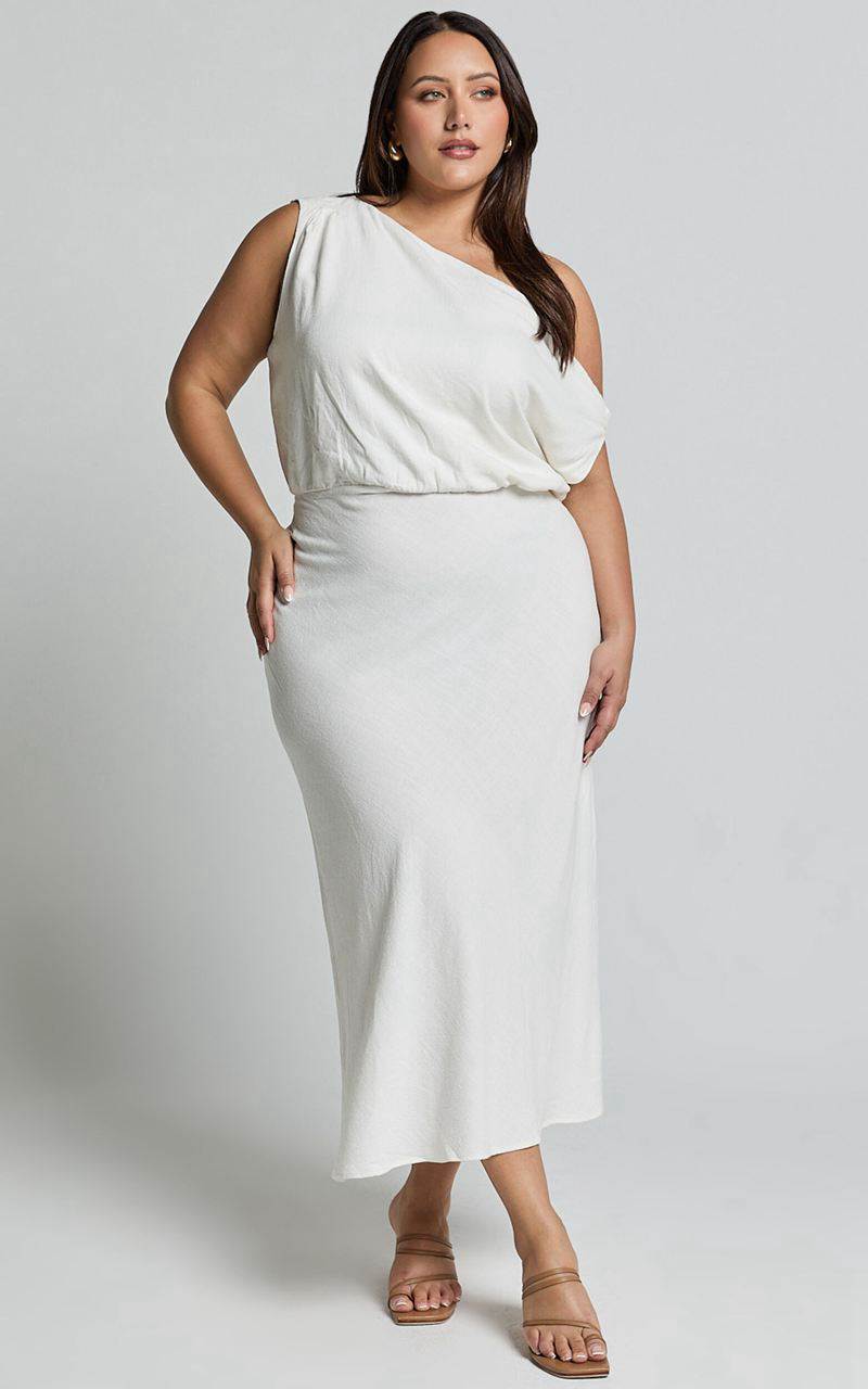 Showpo Jacqueline Midi Dress - Linen Look One Shoulder Dress White | UYDORN902