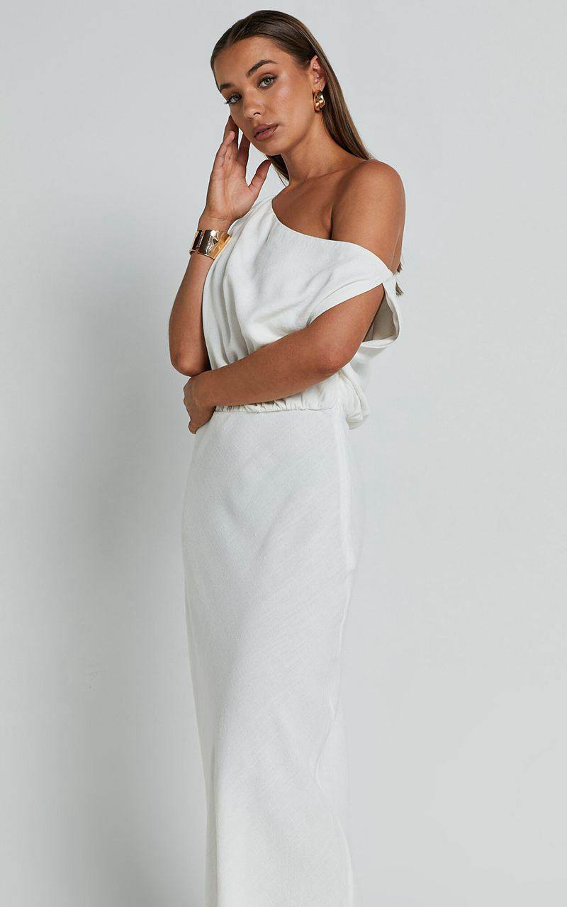 Showpo Jacqueline Midi Dress - Linen Look One Shoulder Dress White | UYDORN902