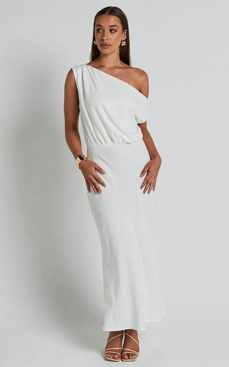 Showpo Jacqueline Midi Dress - Linen Look One Shoulder Dress White | UYDORN902