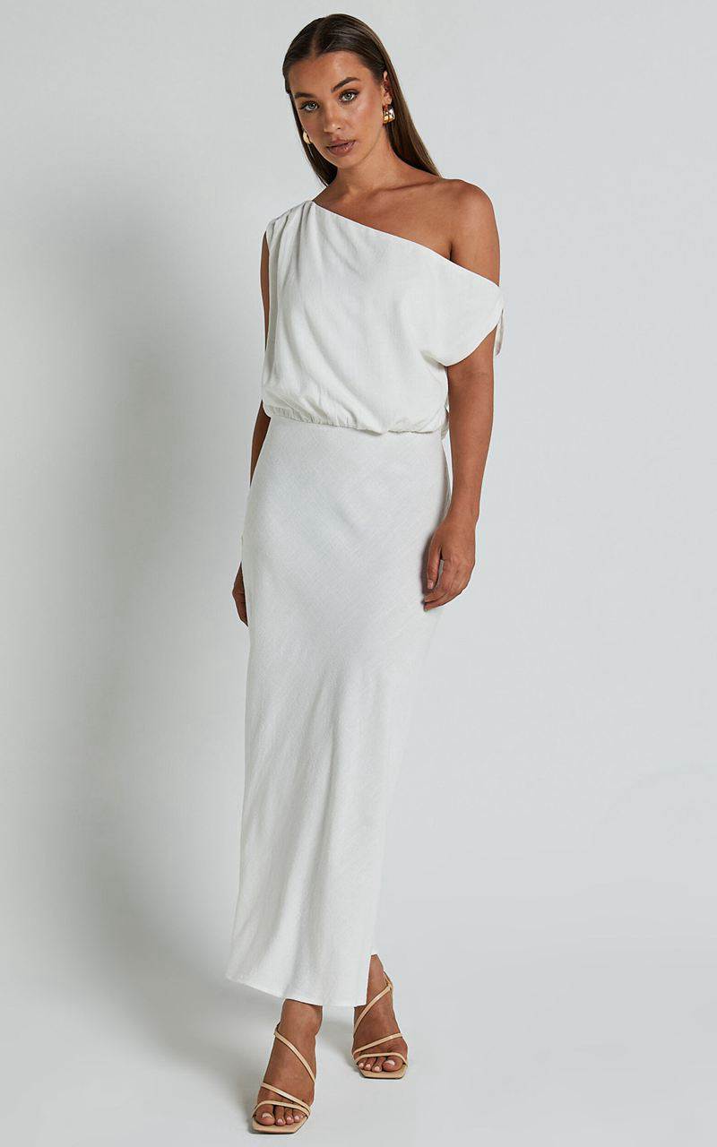 Showpo Jacqueline Midi Dress - Linen Look One Shoulder Dress White | UYDORN902