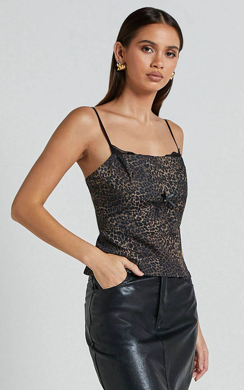 Showpo Jada Cami - Straight Neck Panelled Top With Lace Detail Leopard | TOSQIH364