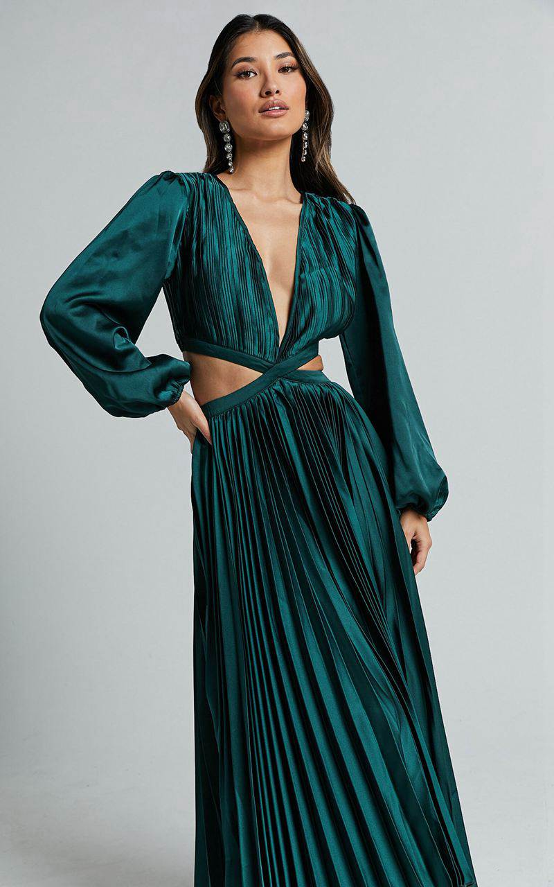 Showpo Jade Midi Dress - Side Cut Out Pleated Balloon Sleeve Dress Emerald Green | YFBNDM182