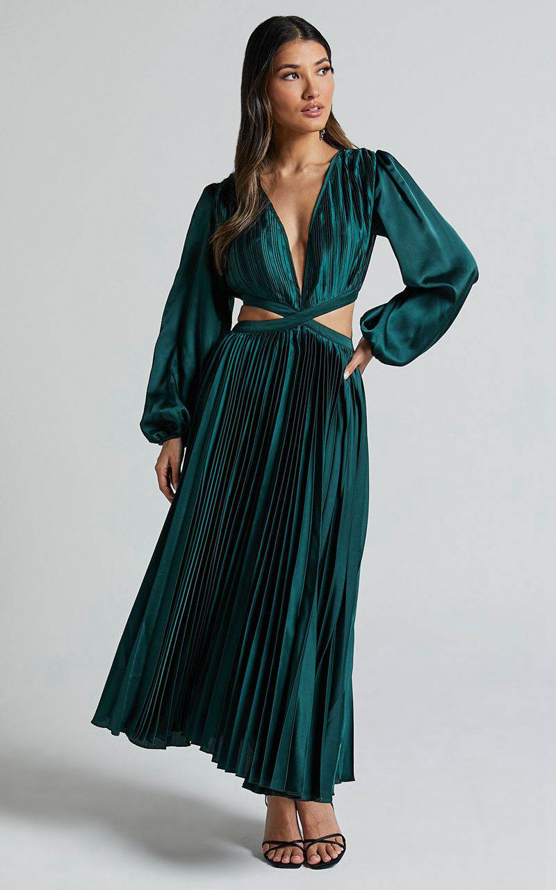 Showpo Jade Midi Dress - Side Cut Out Pleated Balloon Sleeve Dress Emerald Green | YFBNDM182