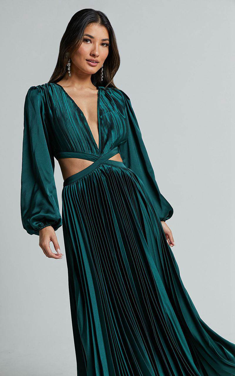 Showpo Jade Midi Dress - Side Cut Out Pleated Balloon Sleeve Dress Emerald Green | YFBNDM182