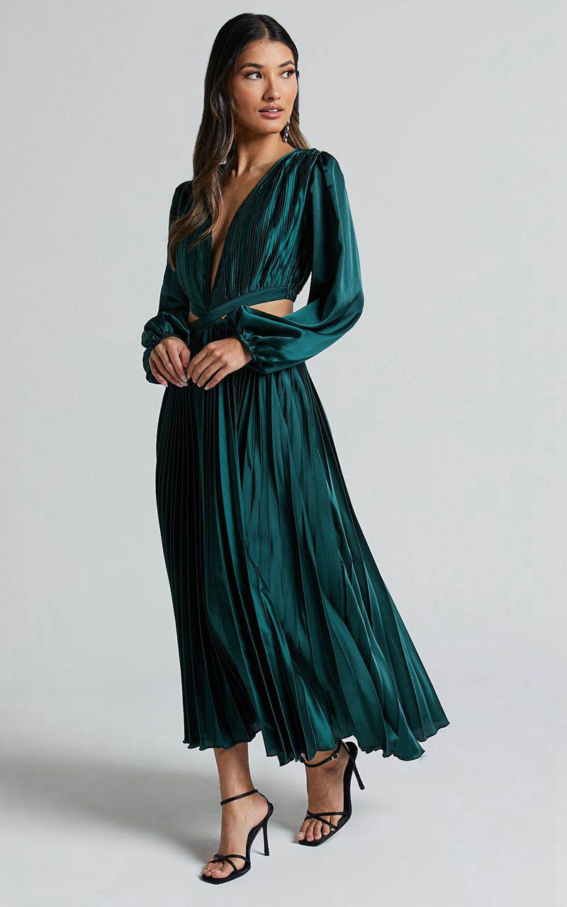 Showpo Jade Midi Dress - Side Cut Out Pleated Balloon Sleeve Dress Emerald Green | YFBNDM182