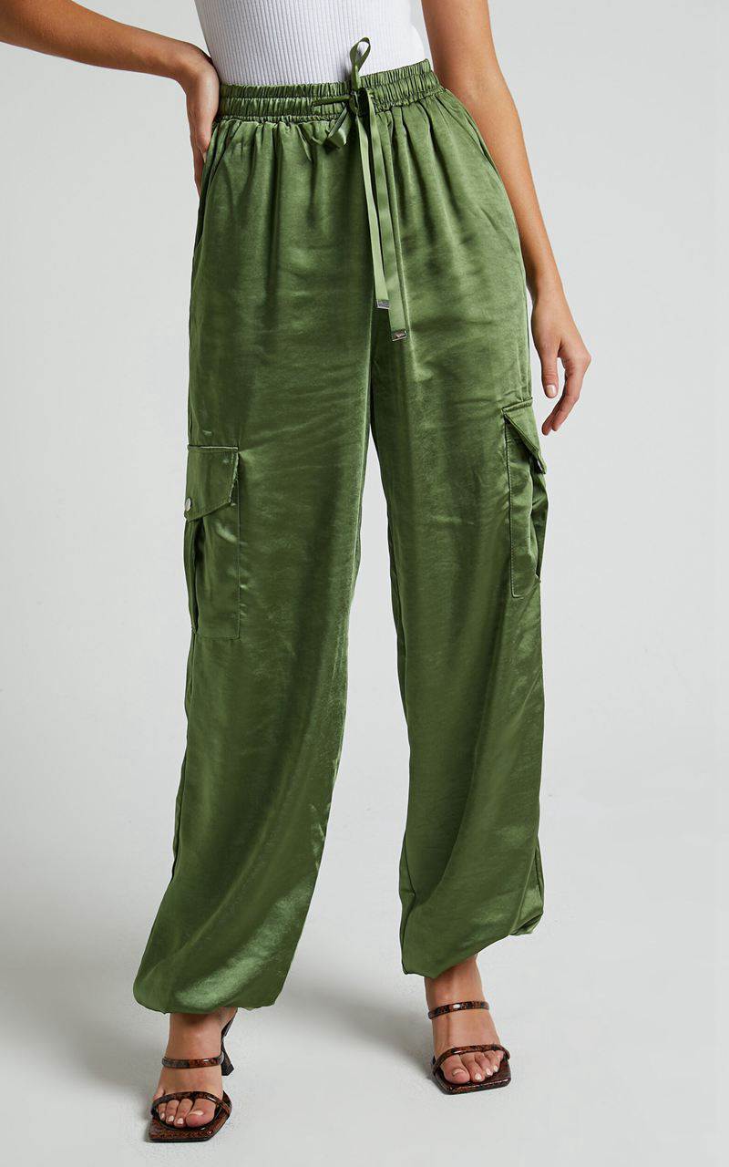 Showpo Jadeiah Pants - Mid Rise Cargo Pocket Satin Jogger Pant Khaki | NRBDCA413