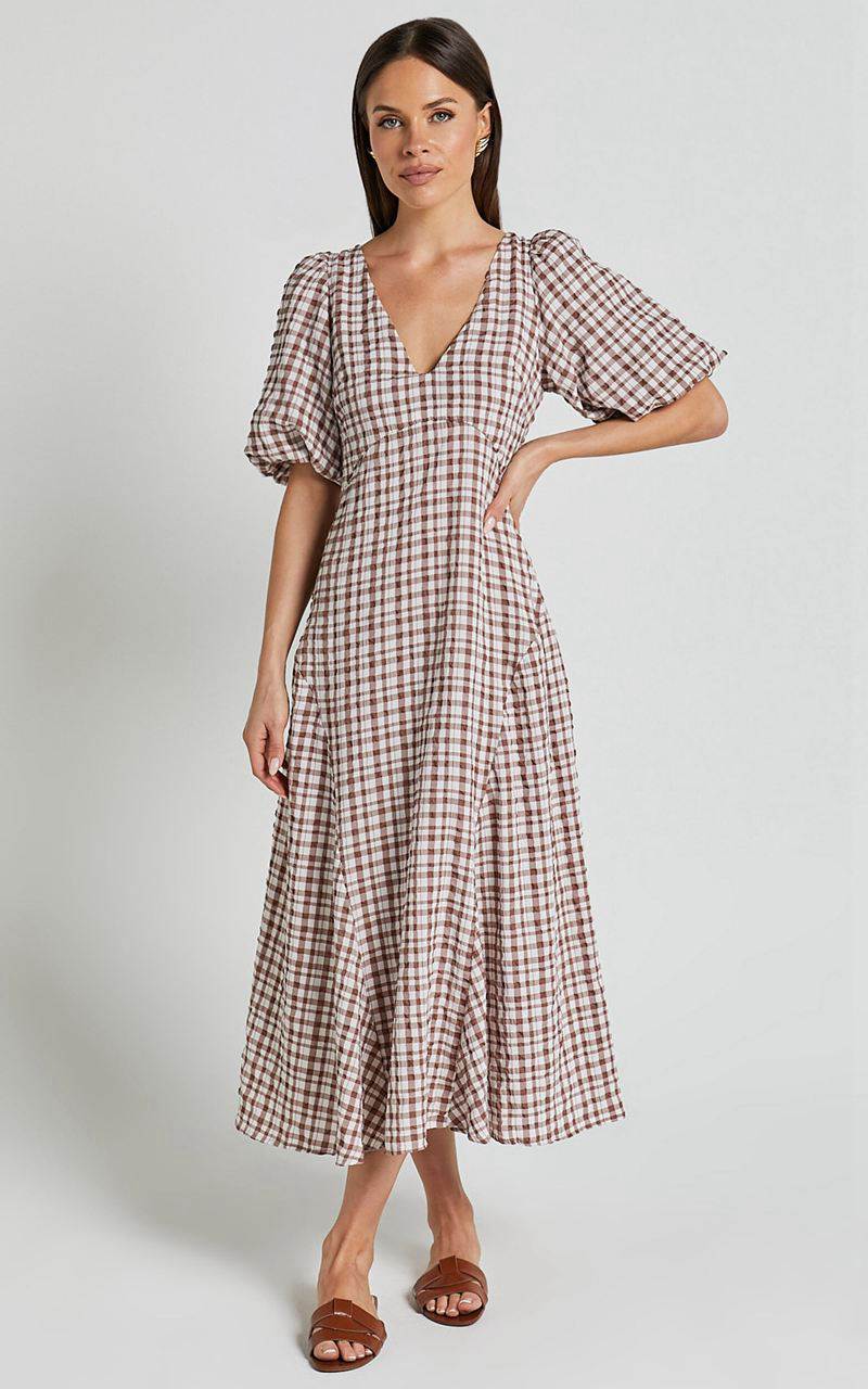 Showpo Jameela Midi Dress - V Neck Short Puff Sleeve Godet A Line Smock Dress Chocolate Gingham | YOHERI218