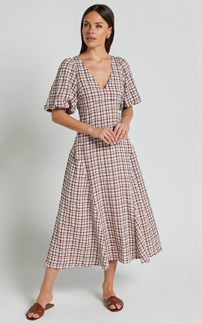 Showpo Jameela Midi Dress - V Neck Short Puff Sleeve Godet A Line Smock Dress Chocolate Gingham | YOHERI218