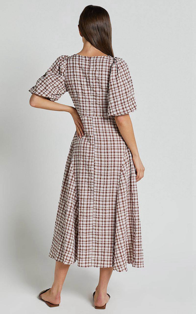 Showpo Jameela Midi Dress - V Neck Short Puff Sleeve Godet A Line Smock Dress Chocolate Gingham | YOHERI218