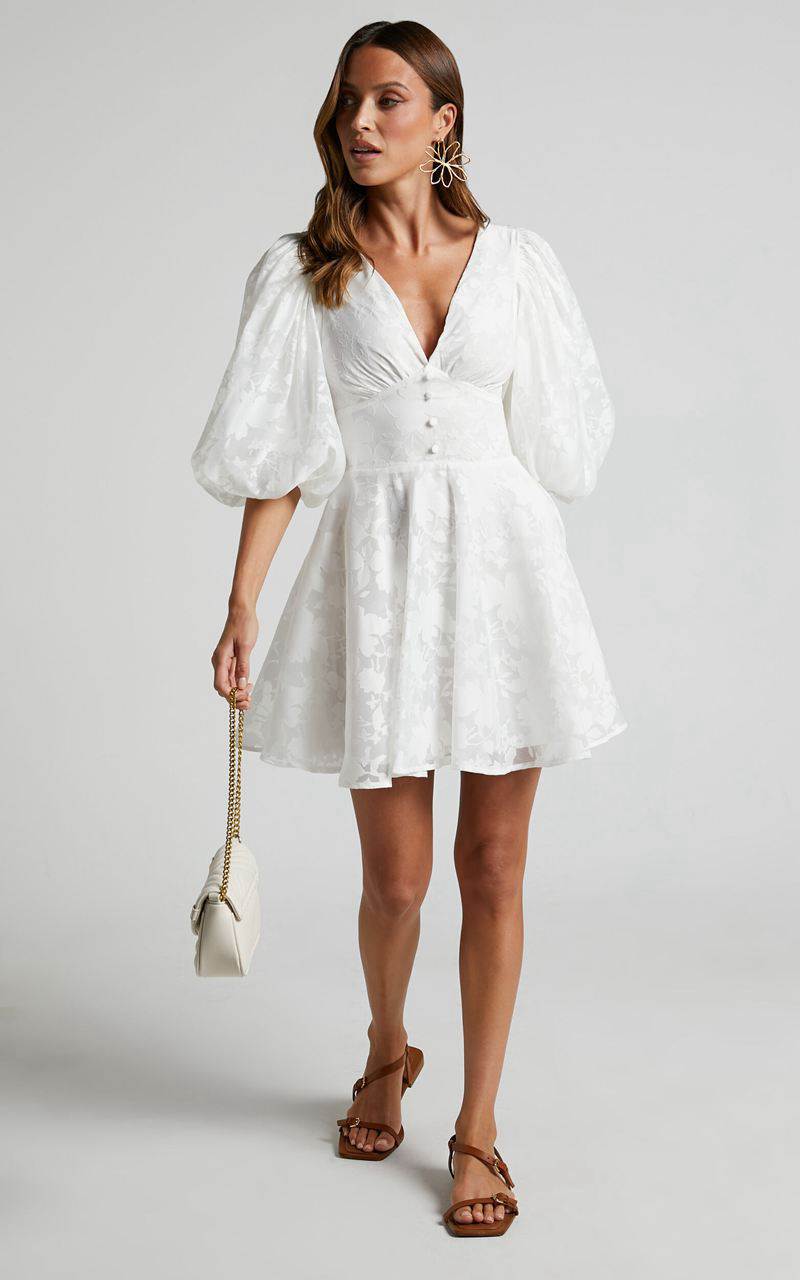 Showpo Jammae Mini Dress - Puff Sleeve Dress White | EVPNQH327