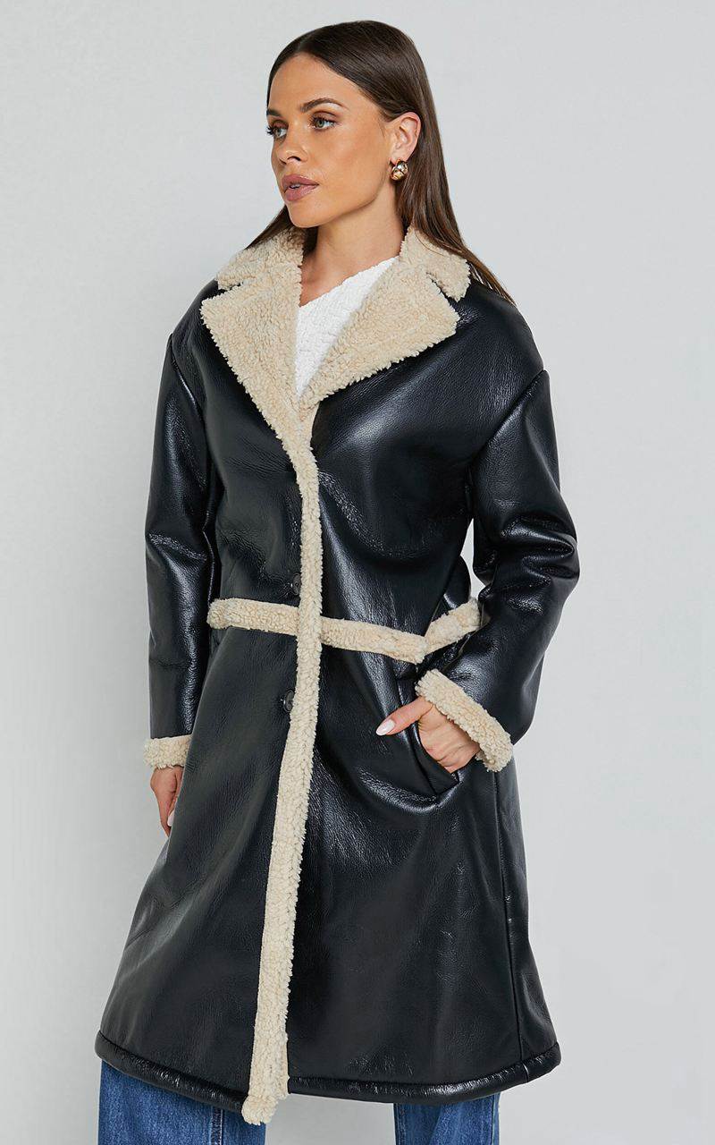 Showpo Jan Coat - Longline Faux Shearling Aviator Coat Black | YSEKHW261