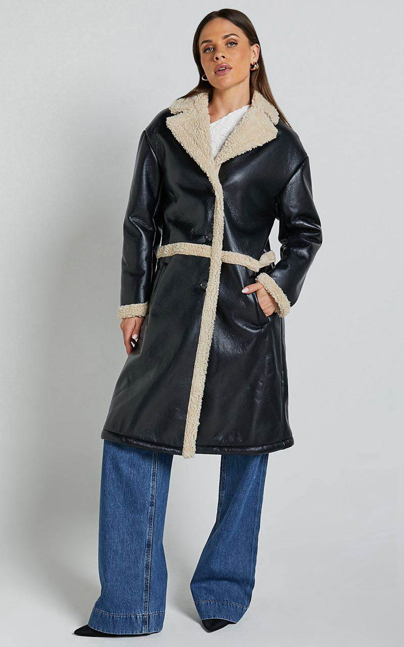 Showpo Jan Coat - Longline Faux Shearling Aviator Coat Black | YSEKHW261