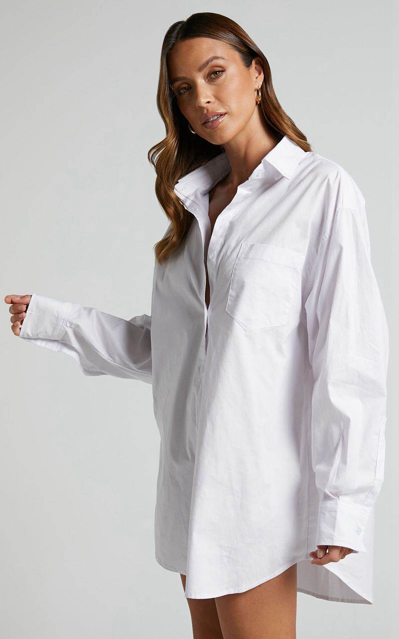 Showpo Janaya Mini Dress - Long Sleeve Shirt Dress White | VPMQJN610