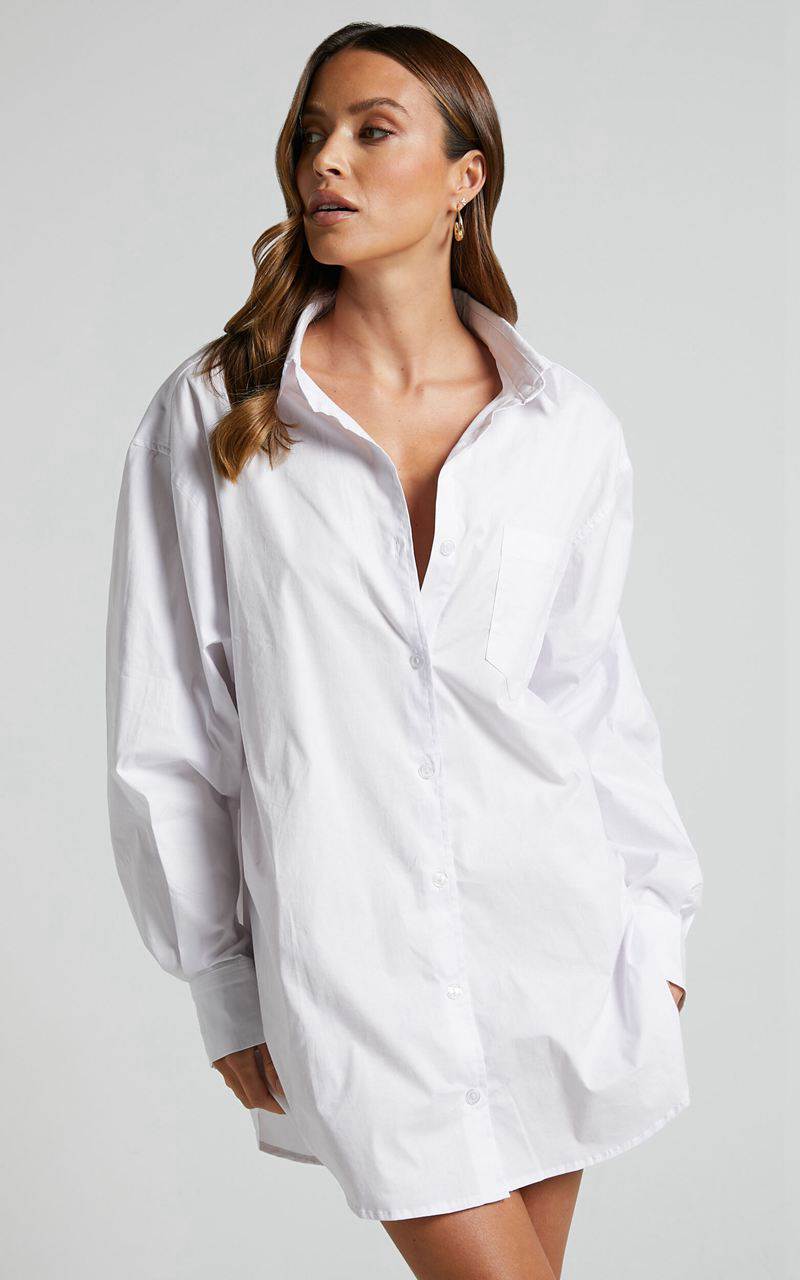 Showpo Janaya Mini Dress - Long Sleeve Shirt Dress White | VPMQJN610