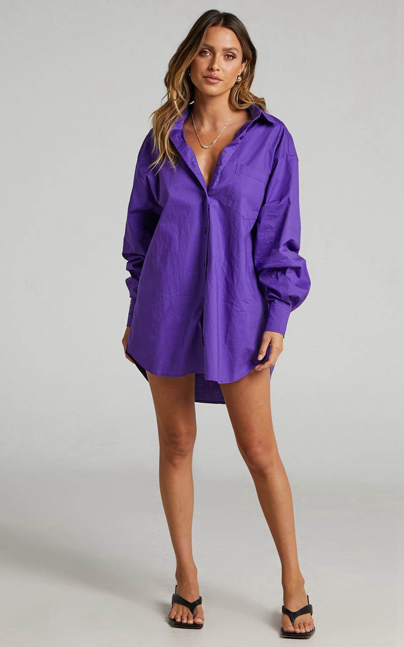 Showpo Janaya Mini Dress - Long Sleeve Shirt Dress Purple | OYTLBQ591