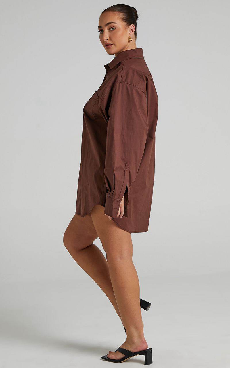 Showpo Janaya Mini Dress - Long Sleeve Shirt Dress Chocolate | CZOVFH172